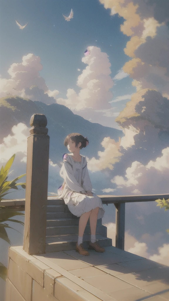 (1girl sitting on stairway to heaven), above the clouds, seas of clouds, ascending, ethereal, peaceful, graceful, innocent, hopeful, pure, dove,
post-impressionist, impressionism,