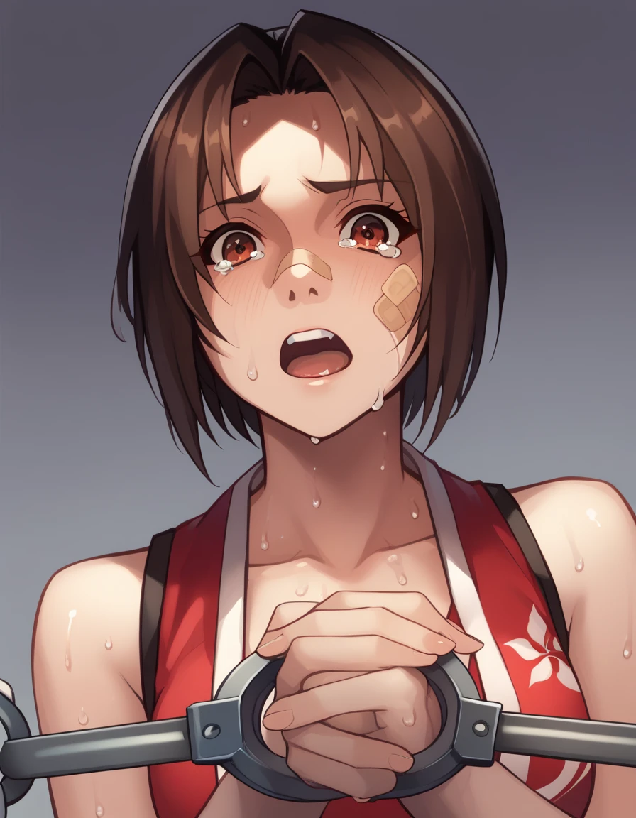 Mai Shiranui、
, Escape to, score_9, score_8_superior, score_7_superior, score_6_superior, score_5_superior, score_4_superior、 Face full of scars、Skin shiny with sweat、、 crying wet bursting out eyes, real tears streaming down face, ultra-detailed eyes,,expression of despair,Illumination that emphasizes shiny sweat{{{Spread }}},Infuriated, bandaid on face,tatteredclothing、Arrested、handcuffs