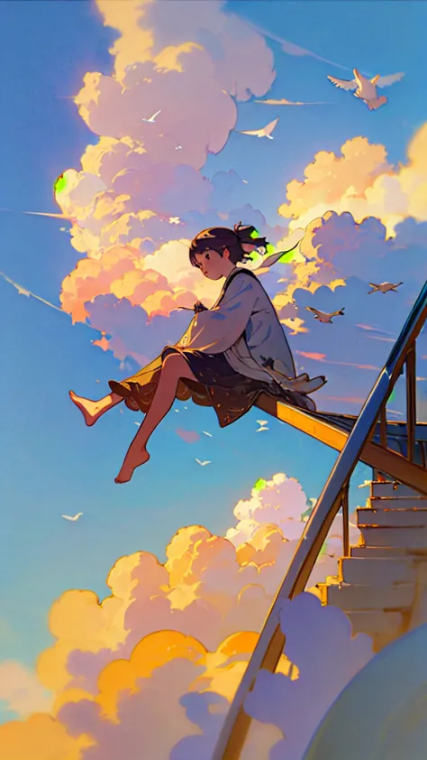 (1girl sitting on stairway to heaven), above the clouds, seas of clouds, ascending, ethereal, peaceful, graceful, innocent, hope...