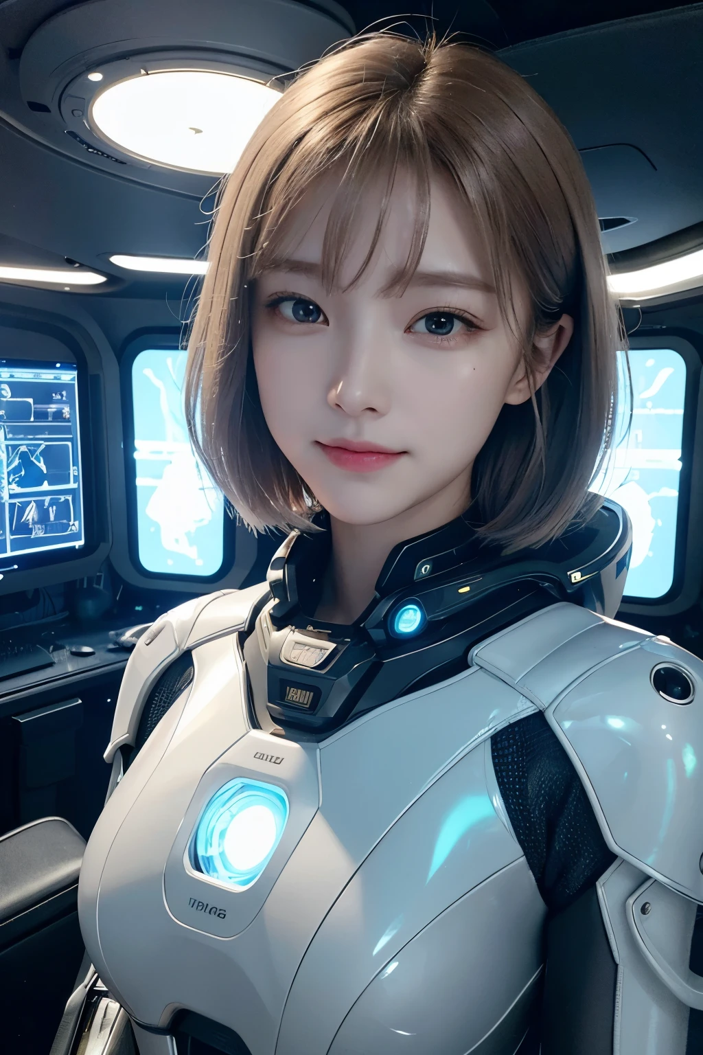 Highest quality、masterpiece、Ultra-high resolution、Hyperrealism、Photorealistic、Portrait、Beautiful Humanoid、Realistic Skin、Light brown short hair、A Little Smile、Intricate decorative details、Very complex mechanics、Precise construction、Cold, mechanical beauty、Bioluminescence、Space suit with plastic details、Bright high tech control room inside a spaceship、