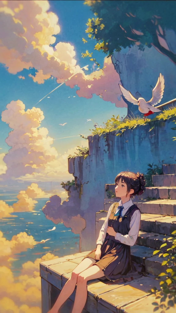 (1girl sitting on stairway to heaven), above the clouds, seas of clouds, ascending, ethereal, peaceful, graceful, innocent, hopeful, pure, dove,
post-impressionist, impressionism,