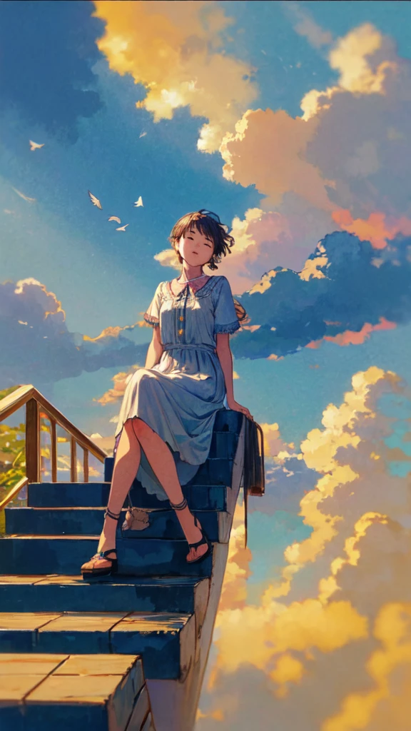 (1girl sitting on stairway to heaven), above the clouds, seas of clouds, ascending, ethereal, peaceful, graceful, innocent, hopeful, pure, dove,
post-impressionist, impressionism,