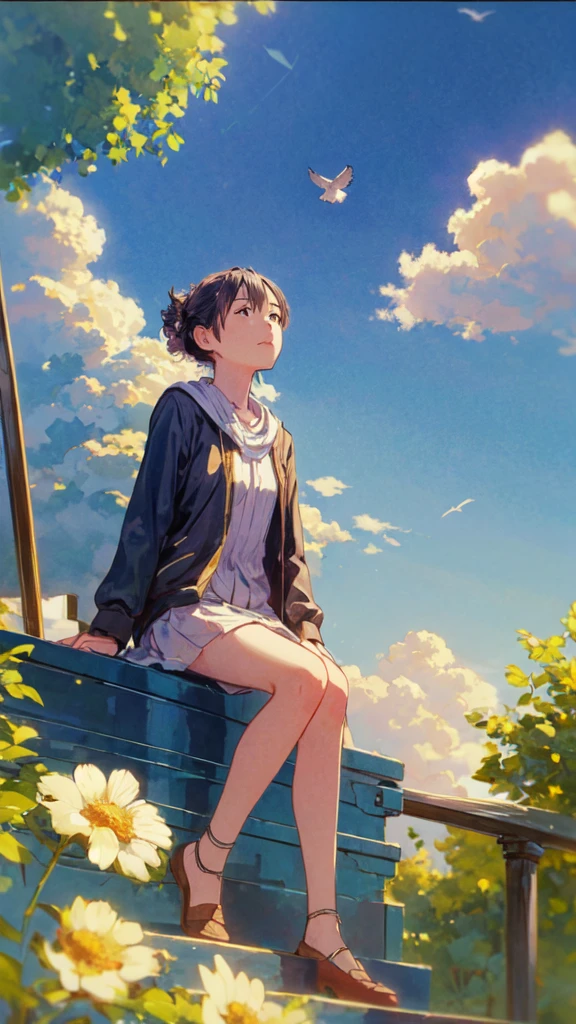 (1girl sitting on stairway to heaven), above the clouds, seas of clouds, ascending, ethereal, peaceful, graceful, innocent, hopeful, pure, dove,
post-impressionist, impressionism,