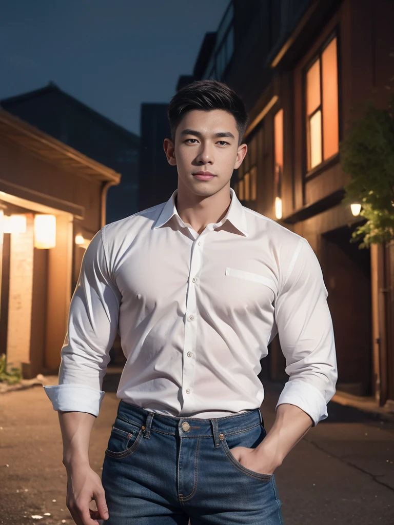 (armface:1.3) , Handsome young man standing, (have a mustache:0.8) , (short hair:1.2), The forearms are muscular., (Collared shirt with buttons:1.2), (white shirt:1.2),Jeans, Big muscles, Handsome and muscular, full body angle, (The front of an old building:1.1), , (nighttime:1.3), Neon lights