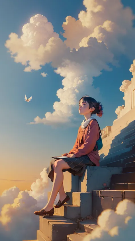 (1girl sitting on stairway to heaven), above the clouds, seas of clouds, ascending, ethereal, peaceful, graceful, innocent, hope...