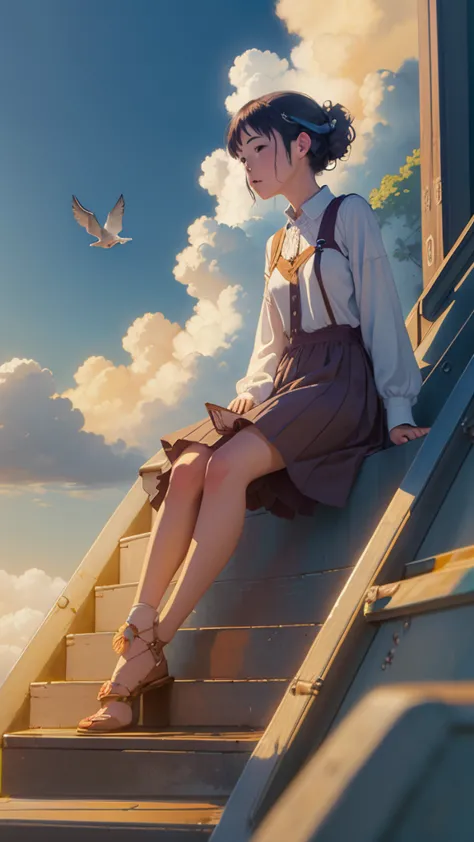 (1girl sitting on stairway to heaven), above the clouds, seas of clouds, ascending, ethereal, peaceful, graceful, innocent, hope...