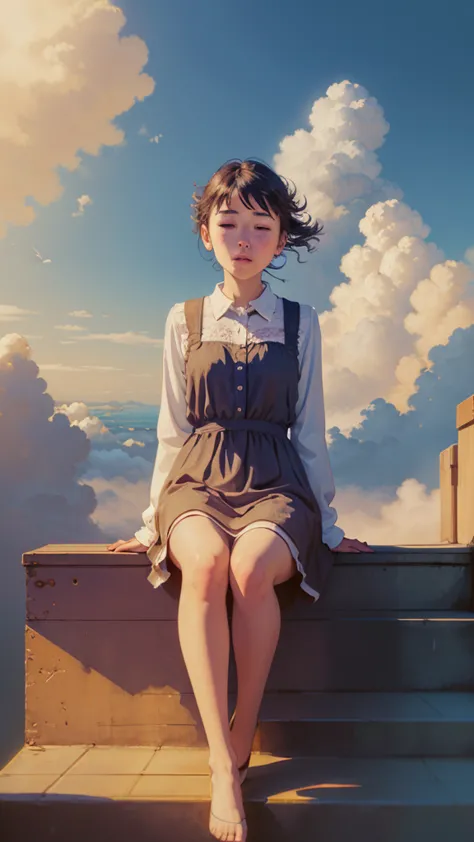 (1girl sitting on stairway to heaven), above the clouds, seas of clouds, ascending, ethereal, peaceful, graceful, innocent, hope...