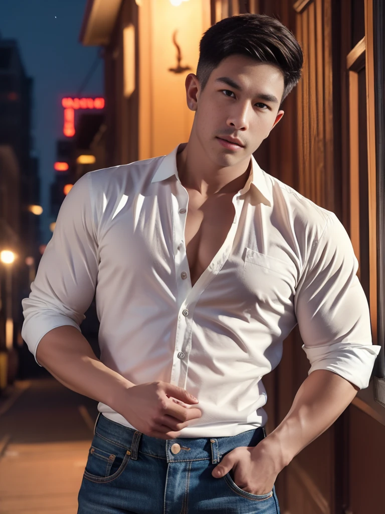 (armface:1.3) , Handsome young man standing, (have a mustache:0.8) , (short hair:1.2), The forearms are muscular., (Collared shirt with buttons:1.2), (white shirt:1.2),Jeans, Big muscles, Handsome and muscular, full body angle, (The front of an old building:1.1), , (nighttime:1.3), Neon lights