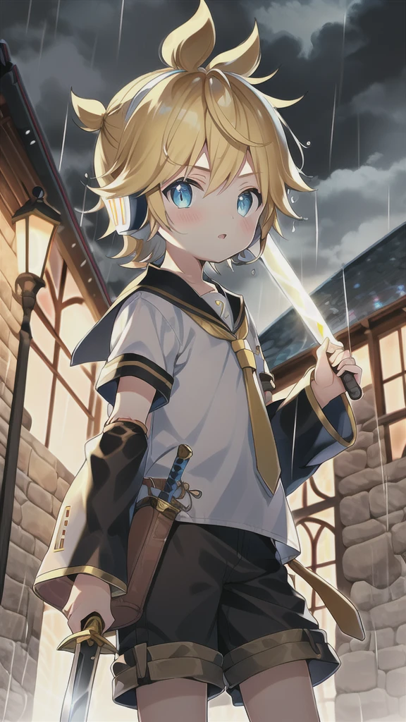 10 year old boy, Kagamine Len, cute, cowboy shot, over small sailor uniform, shorts, necktie, earphone, parted lips, light blush, holding a medieval style sword in a rainy dark night