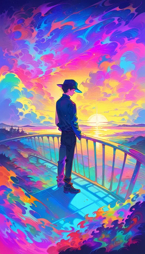 brightly colored photograph of a man standing on a railing with a hat on, low detailed. digital painting, dreamy psychedelic ani...