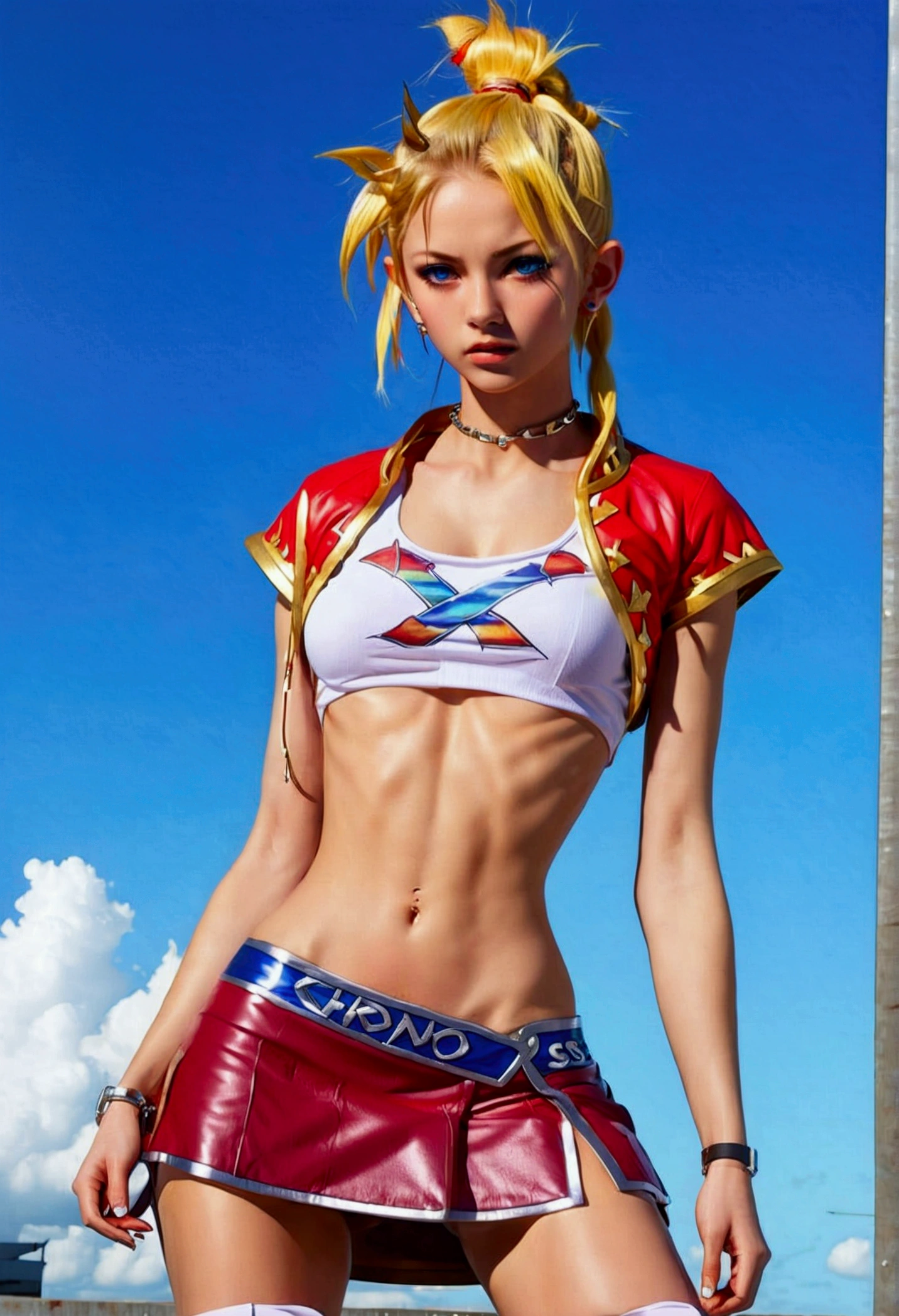 (promotional art), (Kid from Chrono Cross), yellow hair in high ponytail braid, sapphire blue eyes, very slender toned frame, lean and , medium/large bust, flat tummy, very pale white skin, (strong shoulders), fierce expression, BREAK: (skin tight extremely high front slit micro skirt:1.4), (3/4 cropped RED jacket with short sleeves:1.2), white crop top under jacket, (underboob showing), hard nipples poking through shirt, BREAK: 1/4 walking pose, contrapposto walk 