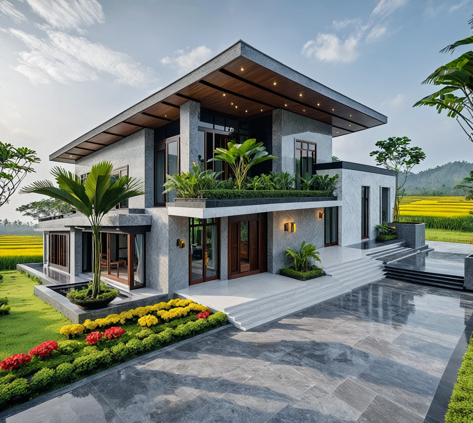 ((masterpiece)), ((best quality)), extremely detailed, ((realistic)), clear lines, outdoor, traditional 2-story granite house, wooden ceiling, style Vietnamese architectural style, gray and white tones, luxurious interior. Contemporary architectural style, designed by SOM, located in the Sri Lankan countryside with little golden rice fields, taken in the early morning with weak sunlight, tropical plants and flowers
