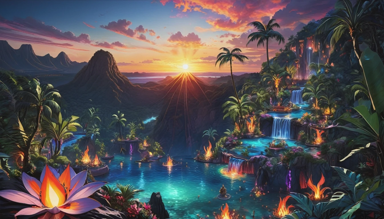 thick oil on canvas, vibrant professional pigments, epic fantasy, sunset, scenery,  hotspring in a Tropical Dry Forest, vibrant color scheme