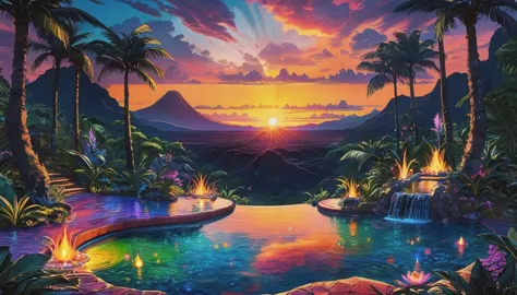 thick oil on canvas, vibrant professional pigments, epic fantasy, sunset, scenery,  hotspring in a tropical dry forest, vibrant ...