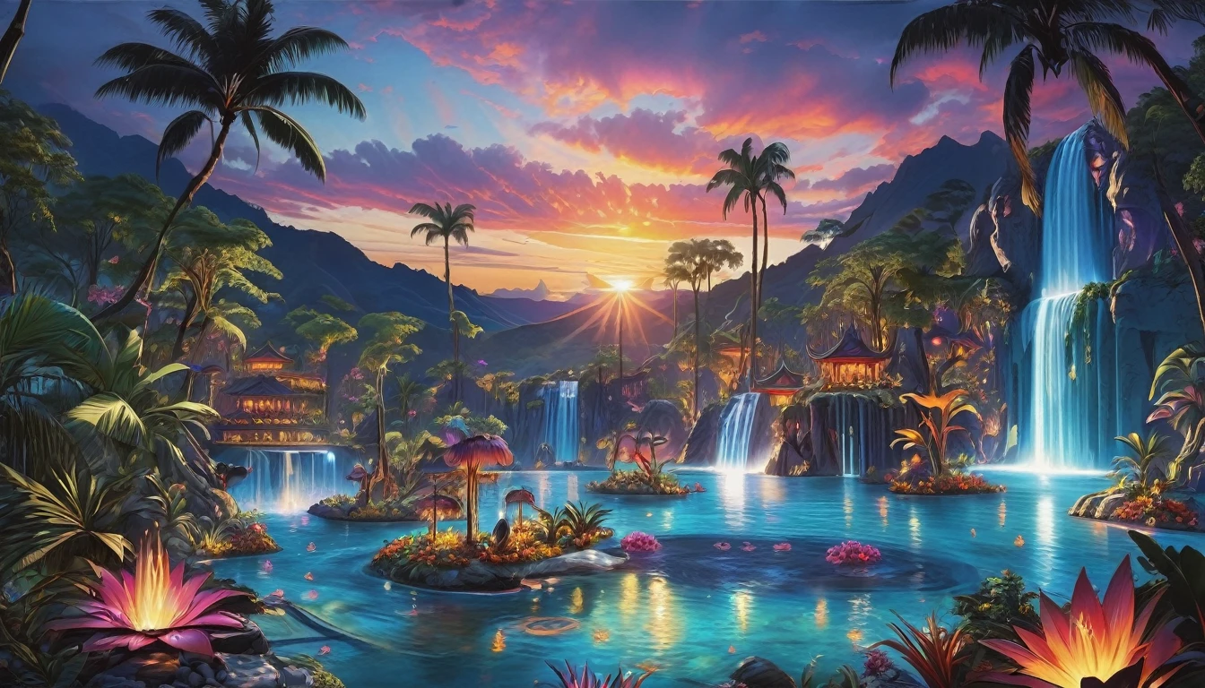 thick oil on canvas, vibrant professional pigments, epic fantasy, sunset, scenery,  hotspring in a Tropical Dry Forest, vibrant color scheme