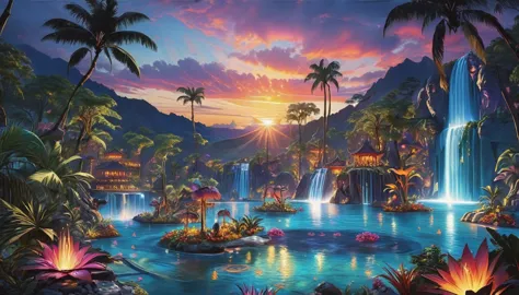 thick oil on canvas, vibrant professional pigments, epic fantasy, sunset, scenery,  hotspring in a tropical dry forest, vibrant ...