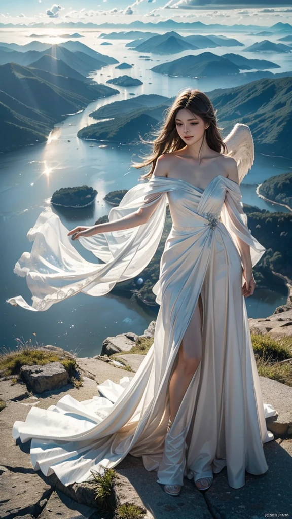 ((A serene summer scene with an ultra-high-definition, realistic angel flying gracefully in the sky)), The angel is facing towards the camera with lifelike facial features and detailed textures, The angel has intricately detailed white wings, fully extended as it soars through the air in an elegant, natural pose, The angel has platinum blonde hair flowing gently in the wind, with realistic light reflections and highlights, emphasizing the sensation of movement, The angel is dressed in a flowing white outfit, adding a sense of purity and grace, The angel holds a silver staff, adding a touch of mystique and power, The theme color of the scene is blue, reflected in the angel's attire, the sky, and the overall color palette The background features a clear summer sky with a soft, highly detailed rainbow arching across it, enhancing the feeling of wonder and beauty, ((The scene takes place in a celestial world, with floating islands and ethereal clouds, adding a magical and otherworldly atmosphere Soft, white clouds accompany the rainbow, adding depth to the sky)), Below, a green land and blue ocean are visible from a high angle, with realistic lighting and shadows, The landscape features gently rolling hills and a distant, vividly detailed sea, as seen from a high vantage point in this sky-bound world, The image is captured in a vertical 9:16 aspect ratio, emphasizing ultra-realistic textures, depth, and the dynamic nature of flight in a heavenly realm,"full-body shot","elegant attire"