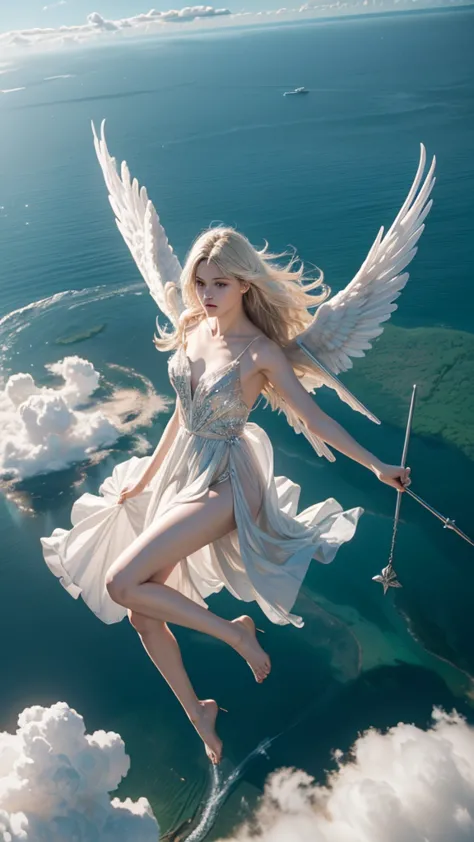 ((a serene summer scene with an ultra-high-definition, realistic angel flying gracefully in the sky)), the angel is facing towar...