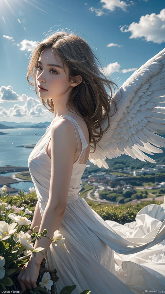 ((A serene summer scene with an ultra-high-definition, realistic angel flying gracefully in the sky)), The angel is facing towards the camera with lifelike facial features and detailed textures, The angel has intricately detailed white wings, fully extended as it soars through the air in an elegant, natural pose, The angel has platinum blonde hair flowing gently in the wind, with realistic light reflections and highlights, emphasizing the sensation of movement, The angel is dressed in a flowing white outfit, adding a sense of purity and grace, The angel holds a silver staff, adding a touch of mystique and power, The theme color of the scene is blue, reflected in the angel's attire, the sky, and the overall color palette The background features a clear summer sky with a soft, highly detailed rainbow arching across it, enhancing the feeling of wonder and beauty, ((The scene takes place in a celestial world, with floating islands and ethereal clouds, adding a magical and otherworldly atmosphere Soft, white clouds accompany the rainbow, adding depth to the sky)), Below, a green land and blue ocean are visible from a high angle, with realistic lighting and shadows, The landscape features gently rolling hills and a distant, vividly detailed sea, as seen from a high vantage point in this sky-bound world, The image is captured in a vertical 9:16 aspect ratio, emphasizing ultra-realistic textures, depth, and the dynamic nature of flight in a heavenly realm,"full-body shot","elegant attire"