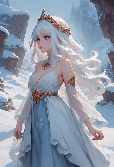 anime girl with long white hair and blue dress in the snow, white-haired deity, white hair floating in the air, anime fantasy il...