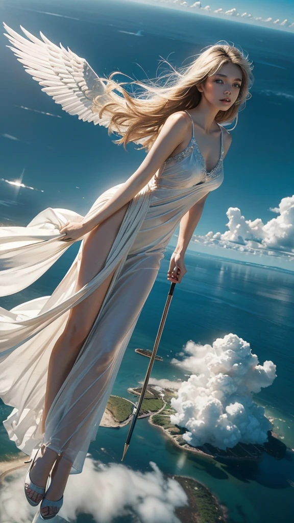 ((A serene summer scene with an ultra-high-definition, realistic angel flying gracefully in the sky)), The angel is facing towards the camera with lifelike facial features and detailed textures, The angel has intricately detailed white wings, fully extended as it soars through the air in an elegant, natural pose, The angel has platinum blonde hair flowing gently in the wind, with realistic light reflections and highlights, emphasizing the sensation of movement, The angel is dressed in a flowing white outfit, adding a sense of purity and grace, The angel holds a silver staff, adding a touch of mystique and power, The theme color of the scene is blue, reflected in the angel's attire, the sky, and the overall color palette The background features a clear summer sky with a soft, highly detailed rainbow arching across it, enhancing the feeling of wonder and beauty, ((The scene takes place in a celestial world, with floating islands and ethereal clouds, adding a magical and otherworldly atmosphere Soft, white clouds accompany the rainbow, adding depth to the sky)), Below, a green land and blue ocean are visible from a high angle, with realistic lighting and shadows, The landscape features gently rolling hills and a distant, vividly detailed sea, as seen from a high vantage point in this sky-bound world, The image is captured in a vertical 9:16 aspect ratio, emphasizing ultra-realistic textures, depth, and the dynamic nature of flight in a heavenly realm,"full-body shot","elegant attire"