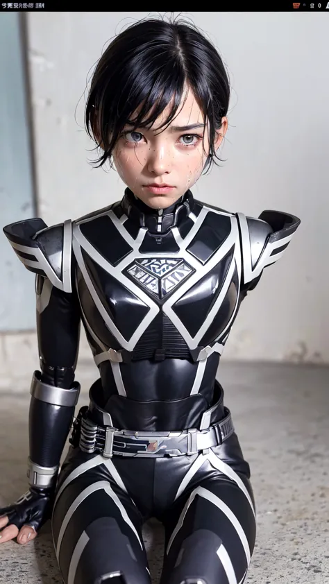 highest quality　8k cyborg suit girl　heavy armor　　elementary school girl　sweaty face　cute　boyish short hair　very short hair　steam...