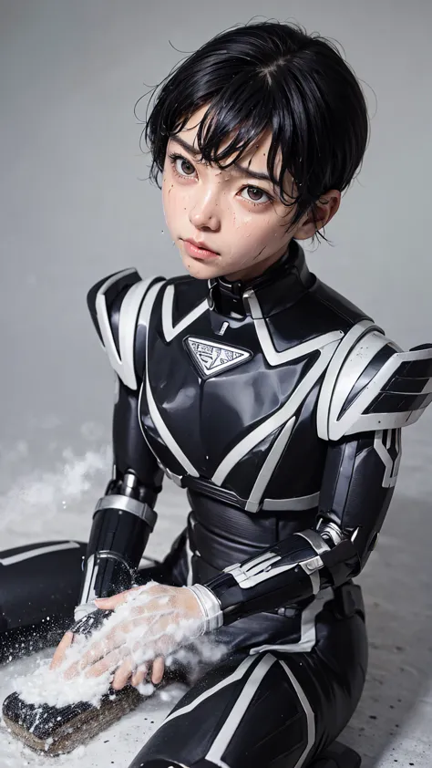 highest quality　8k cyborg suit girl　heavy armor　　elementary school girl　sweaty face　cute　boyish short hair　very short hair　steam...