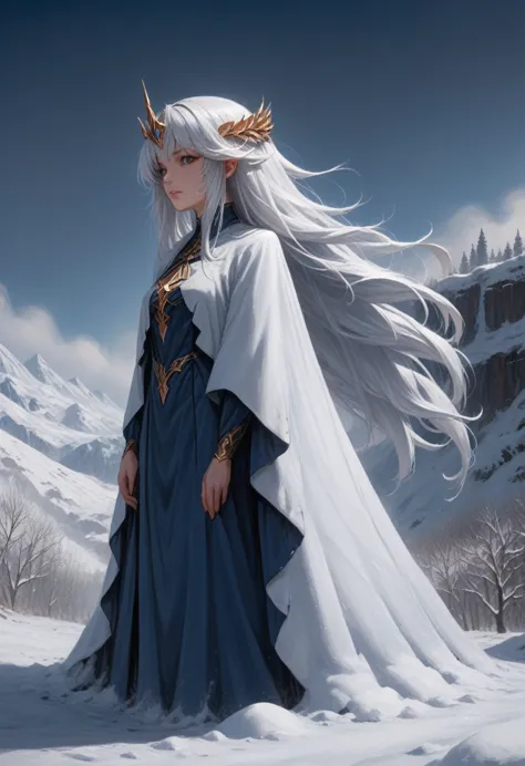 anime girl with long white hair and blue dress in the snow, white-haired deity, white hair floating in the air, anime fantasy il...