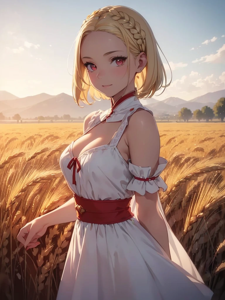 cuteness overload, wearing white slavic ukraine dress, traditional white red slavic dress, ((cleavage))), full body,solo super cute army lady, solo, (((short straight blonde hair))), (((blonde))), (Bring out your forehead:1.2), (((red eyes))), evil smile, , fit,beautiful, masterpiece, best quality, full body, (anime,8k,masterpiece, top quality, best quality, beautiful and aesthetic:1.2,professional illustrasion:1.1,(Europe girl),(super model, super idol, perfect face, beautiful face, beautiful hair, beautiful eyes, happy,wheat field background
