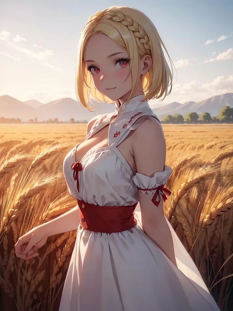 cuteness overload, wearing white slavic ukraine dress, traditional white red slavic dress, ((cleavage))), full body,solo super cute army lady, solo, (((short straight blonde hair))), (((blonde))), (Bring out your forehead:1.2), (((red eyes))), evil smile, , fit,beautiful, masterpiece, best quality, full body, (anime,8k,masterpiece, top quality, best quality, beautiful and aesthetic:1.2,professional illustrasion:1.1,(Europe girl),(super model, super idol, perfect face, beautiful face, beautiful hair, beautiful eyes, happy,wheat field background
