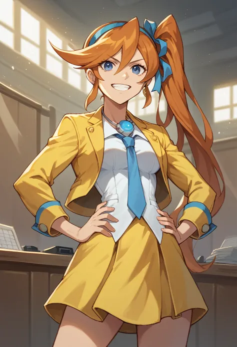 athena cykes, hair ribbon, side ponytail, necktie, yellow jacket, yellow skirt, 1girl, solo, podium, hands on hips, grin, courtr...