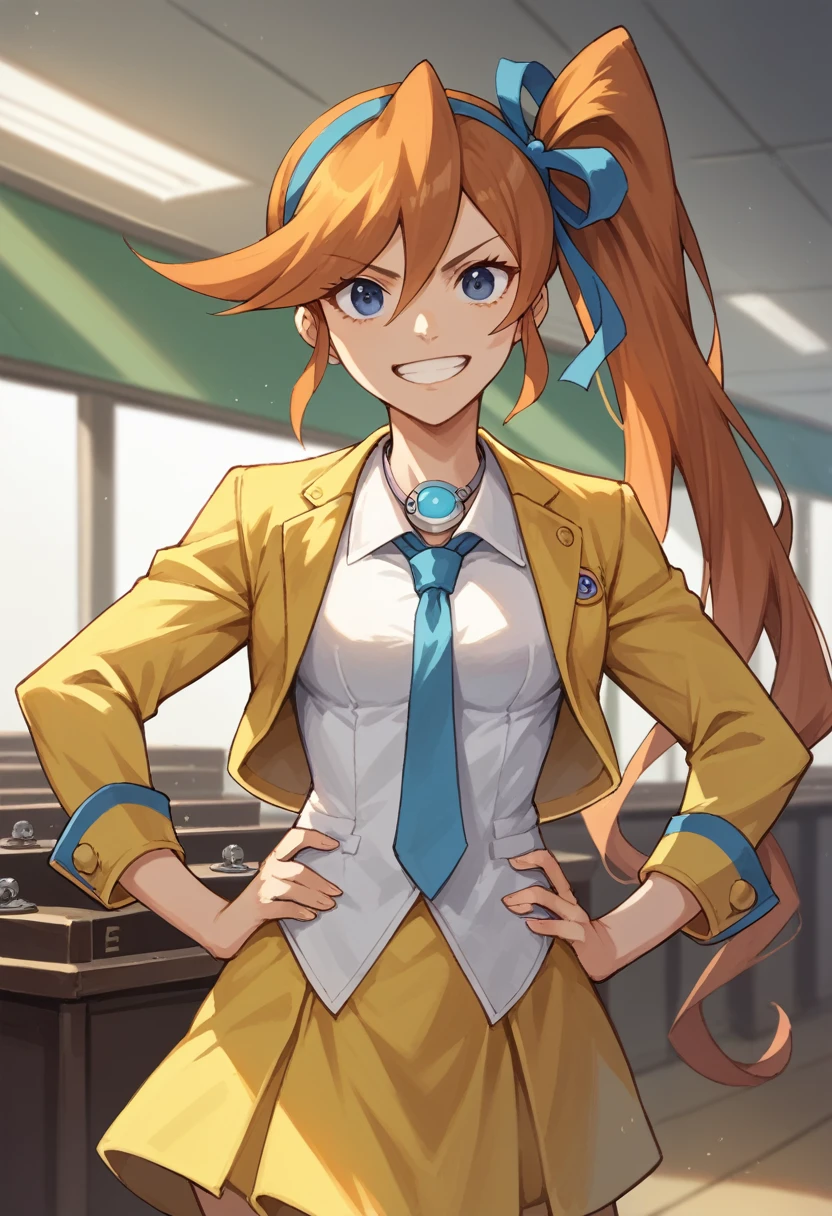 Athena Cykes, hair ribbon, side ponytail, necktie, yellow jacket, yellow skirt, 1girl, solo, podium, hands on hips, grin, courtroom, looking at viewer.