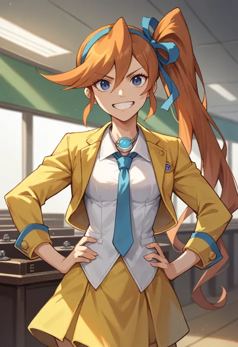 athena cykes, hair ribbon, side ponytail, necktie, yellow jacket, yellow skirt, 1girl, solo, podium, hands on hips, grin, courtr...