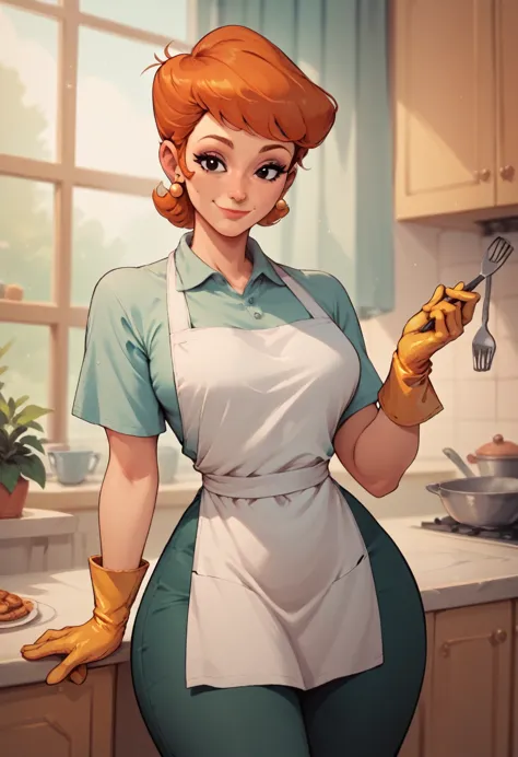 dextersmom,mature female, wide hips, orange hair, black eyes, makeup, earrings,gloves, shirt, apron, pants,slight smile  naked