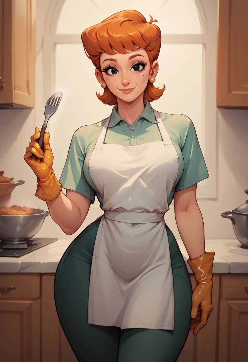 dextersmom,mature female, wide hips, orange hair, black eyes, makeup, earrings,gloves, shirt, apron, pants,slight smile  naked 