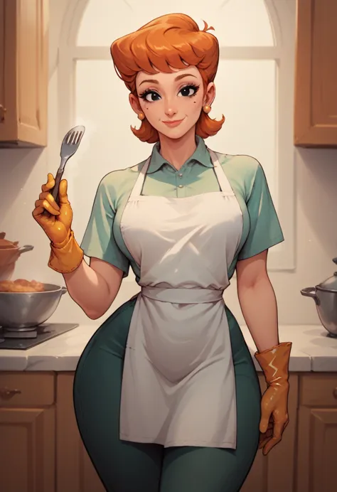 dextersmom,mature female, wide hips, orange hair, black eyes, makeup, earrings,gloves, shirt, apron, pants,slight smile  naked