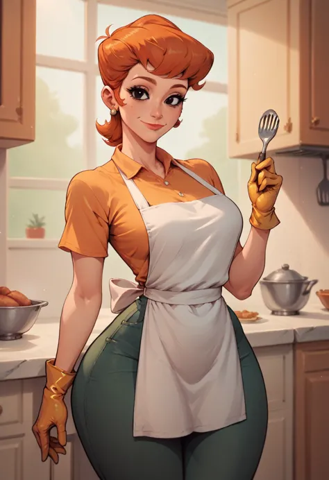 dextersmom,mature female, wide hips, orange hair, black eyes, makeup, earrings,gloves, shirt, apron, pants,slight smile  naked