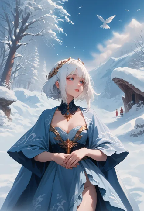 anime girl with long white hair and blue dress in the snow, white-haired deity, white hair floating in the air, anime fantasy il...