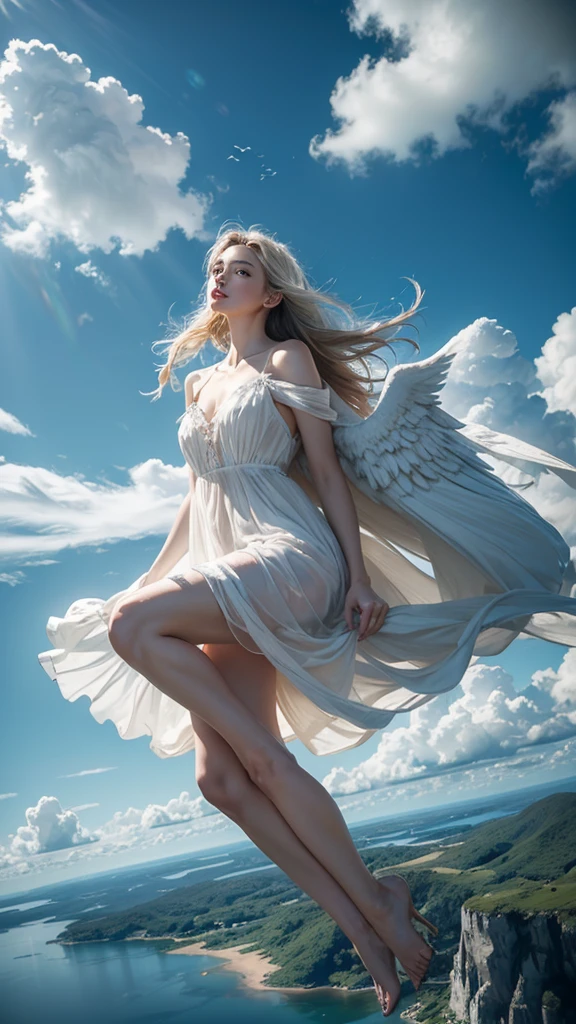 ((A serene summer scene with an ultra-high-definition, realistic angel flying gracefully in the sky)), The angel is facing towards the camera with lifelike facial features and detailed textures, The angel has intricately detailed white wings, fully extended as it soars through the air in an elegant, natural pose, The angel has platinum blonde hair flowing gently in the wind, with realistic light reflections and highlights, emphasizing the sensation of movement, The angel is dressed in a flowing white outfit, adding a sense of purity and grace, The angel holds a silver staff, adding a touch of mystique and power, The theme color of the scene is blue, reflected in the angel's attire, the sky, and the overall color palette The background features a clear summer sky with a soft, highly detailed rainbow arching across it, enhancing the feeling of wonder and beauty, ((The scene takes place in a celestial world, with floating islands and ethereal clouds, adding a magical and otherworldly atmosphere Soft, white clouds accompany the rainbow, adding depth to the sky)), Below, a green land and blue ocean are visible from a high angle, with realistic lighting and shadows, The landscape features gently rolling hills and a distant, vividly detailed sea, as seen from a high vantage point in this sky-bound world, The image is captured in a vertical 9:16 aspect ratio, emphasizing ultra-realistic textures, depth, and the dynamic nature of flight in a heavenly realm,"full-body shot","elegant attire"