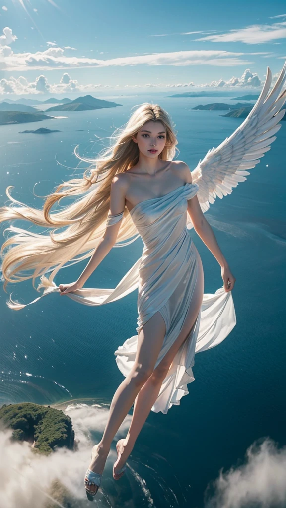 ((A serene summer scene with an ultra-high-definition, realistic angel flying gracefully in the sky)), The angel is facing towards the camera with lifelike facial features and detailed textures, The angel has intricately detailed white wings, fully extended as it soars through the air in an elegant, natural pose, The angel has platinum blonde hair flowing gently in the wind, with realistic light reflections and highlights, emphasizing the sensation of movement, The angel is dressed in a flowing white outfit, adding a sense of purity and grace, The angel holds a silver staff, adding a touch of mystique and power, The theme color of the scene is blue, reflected in the angel's attire, the sky, and the overall color palette The background features a clear summer sky with a soft, highly detailed rainbow arching across it, enhancing the feeling of wonder and beauty, ((The scene takes place in a celestial world, with floating islands and ethereal clouds, adding a magical and otherworldly atmosphere Soft, white clouds accompany the rainbow, adding depth to the sky)), Below, a green land and blue ocean are visible from a high angle, with realistic lighting and shadows, The landscape features gently rolling hills and a distant, vividly detailed sea, as seen from a high vantage point in this sky-bound world, The image is captured in a vertical 9:16 aspect ratio, emphasizing ultra-realistic textures, depth, and the dynamic nature of flight in a heavenly realm,"full-body shot","elegant attire"