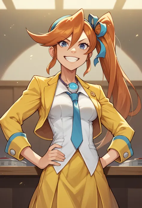 athena cykes, hair ribbon, side ponytail, necktie, yellow jacket, yellow skirt, 1girl, solo, podium, hands on hips, grin, courtr...