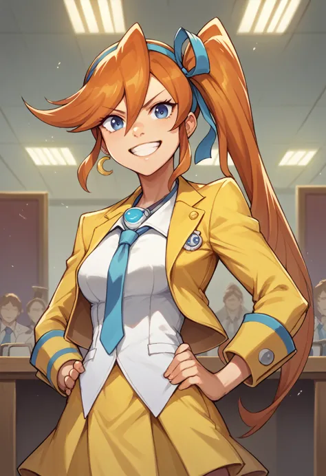 athena cykes, hair ribbon, side ponytail, necktie, yellow jacket, yellow skirt, 1girl, solo, podium, hands on hips, grin, courtr...