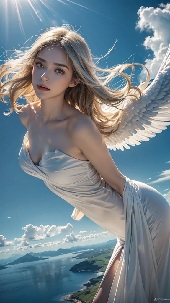 ((A serene summer scene with an ultra-high-definition, realistic angel flying gracefully in the sky)), The angel is facing towards the camera with lifelike facial features and detailed textures, The angel has intricately detailed white wings, fully extended as it soars through the air in an elegant, natural pose, The angel has platinum blonde hair flowing gently in the wind, with realistic light reflections and highlights, emphasizing the sensation of movement, The angel is dressed in a flowing white outfit, adding a sense of purity and grace, The angel holds a silver staff, adding a touch of mystique and power, The theme color of the scene is blue, reflected in the angel's attire, the sky, and the overall color palette The background features a clear summer sky with a soft, highly detailed rainbow arching across it, enhancing the feeling of wonder and beauty, ((The scene takes place in a celestial world, with floating islands and ethereal clouds, adding a magical and otherworldly atmosphere Soft, white clouds accompany the rainbow, adding depth to the sky)), Below, a green land and blue ocean are visible from a high angle, with realistic lighting and shadows, The landscape features gently rolling hills and a distant, vividly detailed sea, as seen from a high vantage point in this sky-bound world, The image is captured in a vertical 9:16 aspect ratio, emphasizing ultra-realistic textures, depth, and the dynamic nature of flight in a heavenly realm,"full-body shot","elegant attire"