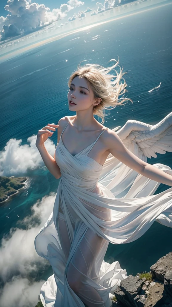 ((A serene summer scene with an ultra-high-definition, realistic angel flying gracefully in the sky)), The angel is facing towards the camera with lifelike facial features and detailed textures, The angel has intricately detailed white wings, fully extended as it soars through the air in an elegant, natural pose, The angel has platinum blonde hair flowing gently in the wind, with realistic light reflections and highlights, emphasizing the sensation of movement, The angel is dressed in a flowing white outfit, adding a sense of purity and grace, The angel holds a silver staff, adding a touch of mystique and power, The theme color of the scene is blue, reflected in the angel's attire, the sky, and the overall color palette The background features a clear summer sky with a soft, highly detailed rainbow arching across it, enhancing the feeling of wonder and beauty, ((The scene takes place in a celestial world, with floating islands and ethereal clouds, adding a magical and otherworldly atmosphere Soft, white clouds accompany the rainbow, adding depth to the sky)), Below, a green land and blue ocean are visible from a high angle, with realistic lighting and shadows, The landscape features gently rolling hills and a distant, vividly detailed sea, as seen from a high vantage point in this sky-bound world, The image is captured in a vertical 9:16 aspect ratio, emphasizing ultra-realistic textures, depth, and the dynamic nature of flight in a heavenly realm,"full-body shot","elegant attire"