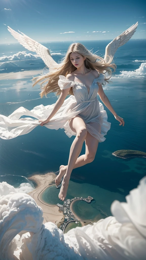 ((A serene summer scene with an ultra-high-definition, realistic angel flying gracefully in the sky)), The angel is facing towards the camera with lifelike facial features and detailed textures, The angel has intricately detailed white wings, fully extended as it soars through the air in an elegant, natural pose, The angel has platinum blonde hair flowing gently in the wind, with realistic light reflections and highlights, emphasizing the sensation of movement, The angel is dressed in a flowing white outfit, adding a sense of purity and grace, The angel holds a silver staff, adding a touch of mystique and power, The theme color of the scene is blue, reflected in the angel's attire, the sky, and the overall color palette The background features a clear summer sky with a soft, highly detailed rainbow arching across it, enhancing the feeling of wonder and beauty, ((The scene takes place in a celestial world, with floating islands and ethereal clouds, adding a magical and otherworldly atmosphere Soft, white clouds accompany the rainbow, adding depth to the sky)), Below, a green land and blue ocean are visible from a high angle, with realistic lighting and shadows, The landscape features gently rolling hills and a distant, vividly detailed sea, as seen from a high vantage point in this sky-bound world, The image is captured in a vertical 9:16 aspect ratio, emphasizing ultra-realistic textures, depth, and the dynamic nature of flight in a heavenly realm,"full-body shot","elegant attire"