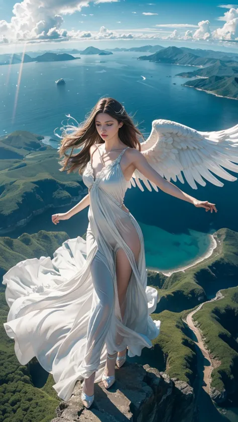 ((a serene summer scene with an ultra-high-definition, realistic angel flying gracefully in the sky)), the angel is facing towar...