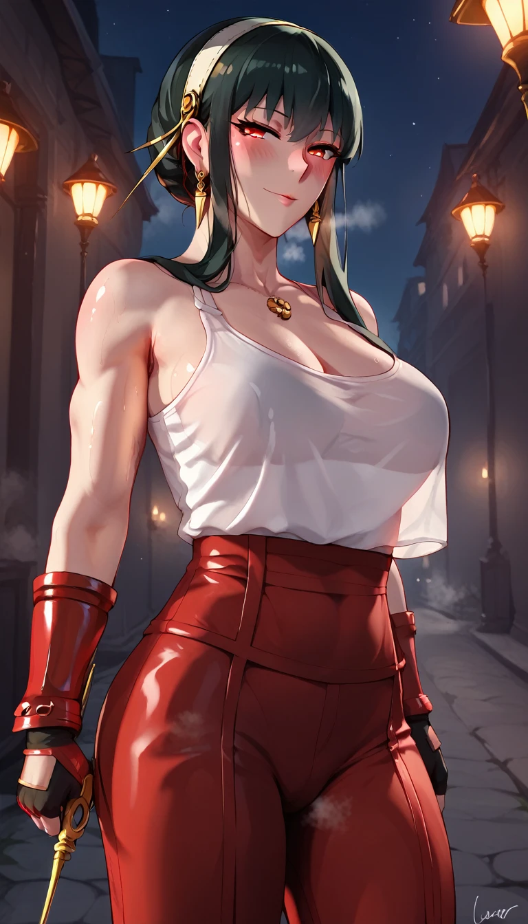 score_9, score_8_up, score_7_up, score_6_up, uncensored, Yor Briar, black hair, earrings, white hairband, hairband, long hair, sidelocks, red eyes, naughty face, shiny skin, sweating, steaming body, heavy breathing, BREAK (masterpiece:1.2), best quality, high resolution, unity 8k wallpaper, (illustration:0.8), (detailed eyes:1.3), extremely detailed face, perfect lighting, extremely detailed CG, (perfect hands, perfect anatomy), porn, 3d, white tank top, red (samurai armor), red gloves, pants, (getting undressed), night city, neon lights, dim lighting, dark alley,