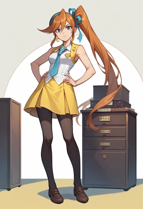 athena cykes, hair ribbon, side ponytail, necktie, bare arms, yellow skirt, black pantyhose, 1girl, solo, podium, hand on hips, ...