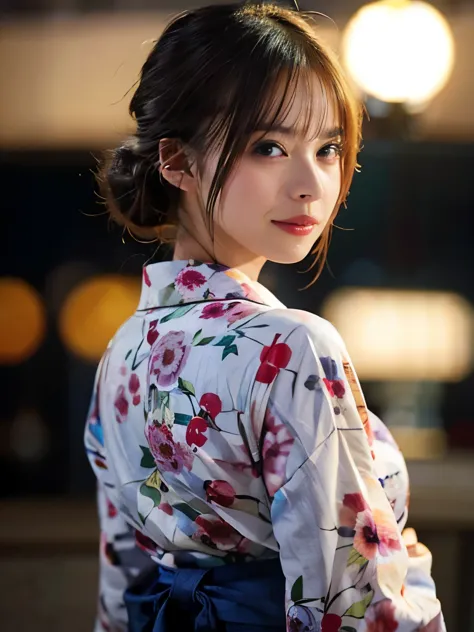 (masterpiece, highest quality:1.4), beautiful face, 8k, 85mm, floral yukata:1.4), beautiful woman looking back、delicate girl, al...