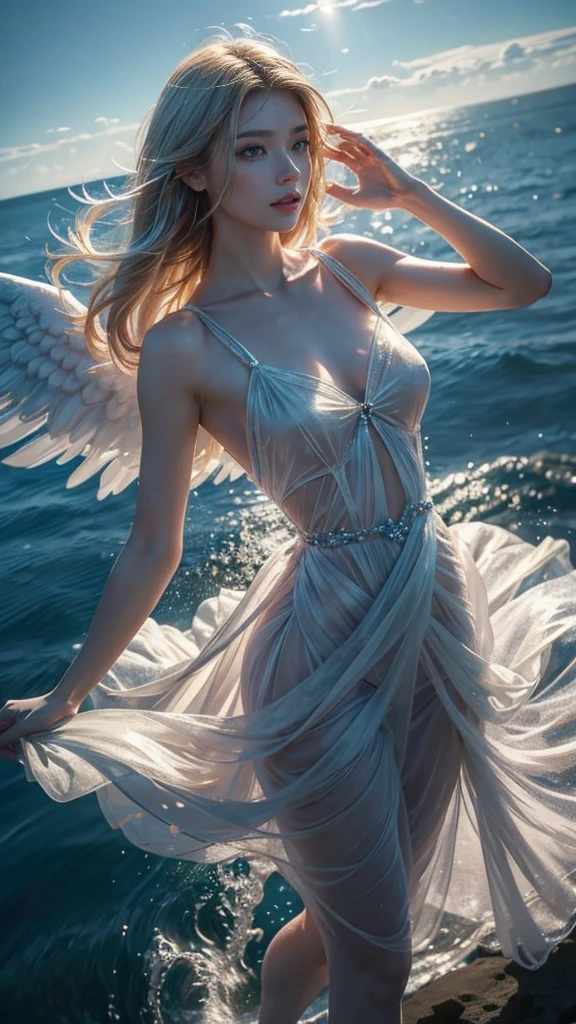 ((A serene summer scene with an ultra-high-definition, realistic angel flying gracefully in the sky)), The angel is facing towards the camera with lifelike facial features and detailed textures, The angel has intricately detailed white wings, fully extended as it soars through the air in an elegant, natural pose, The angel has platinum blonde hair flowing gently in the wind, with realistic light reflections and highlights, emphasizing the sensation of movement, The angel is dressed in a flowing white outfit, adding a sense of purity and grace, The angel holds a silver staff, adding a touch of mystique and power, The theme color of the scene is blue, reflected in the angel's attire, the sky, and the overall color palette The background features a clear summer sky with a soft, highly detailed rainbow arching across it, enhancing the feeling of wonder and beauty, ((The scene takes place in a celestial world, with floating islands and ethereal clouds, adding a magical and otherworldly atmosphere Soft, white clouds accompany the rainbow, adding depth to the sky)), Below, a green land and blue ocean are visible from a high angle, with realistic lighting and shadows, The landscape features gently rolling hills and a distant, vividly detailed sea, as seen from a high vantage point in this sky-bound world, The image is captured in a vertical 9:16 aspect ratio, emphasizing ultra-realistic textures, depth, and the dynamic nature of flight in a heavenly realm,"full-body shot","elegant attire"